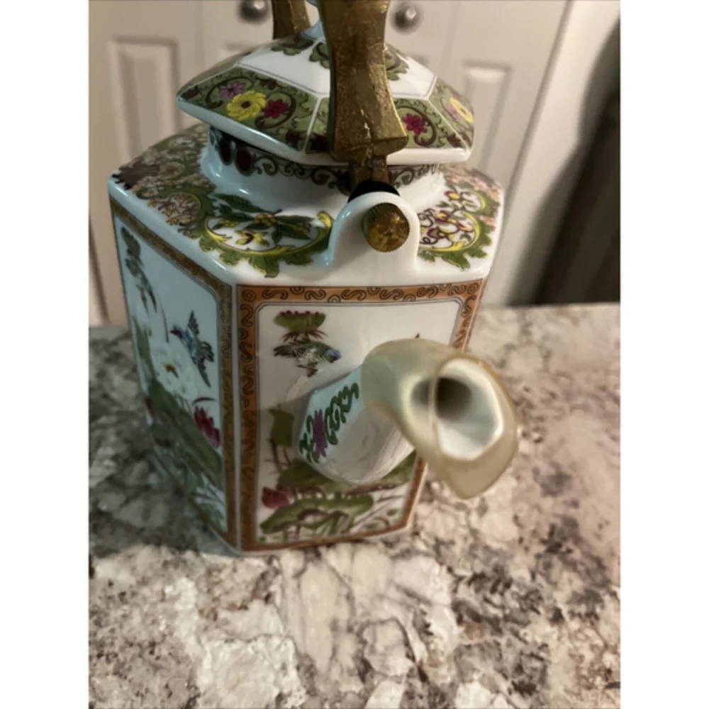 Vintage Japanese‎ Toyo Ming Lotus Hexagon Floral Tea Kettle W/Brass Handle VGUC